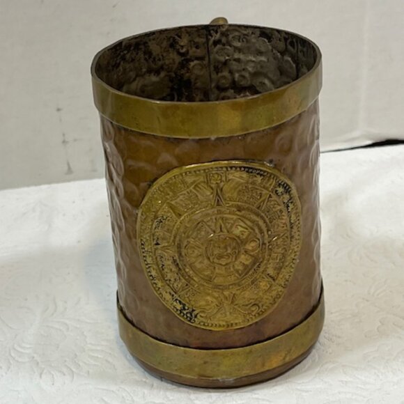 VTG Handmade Hammered Copper Brass Aztec Mayan Calendar Mug Cup Stein 4.5" Tall - Picture 8 of 14